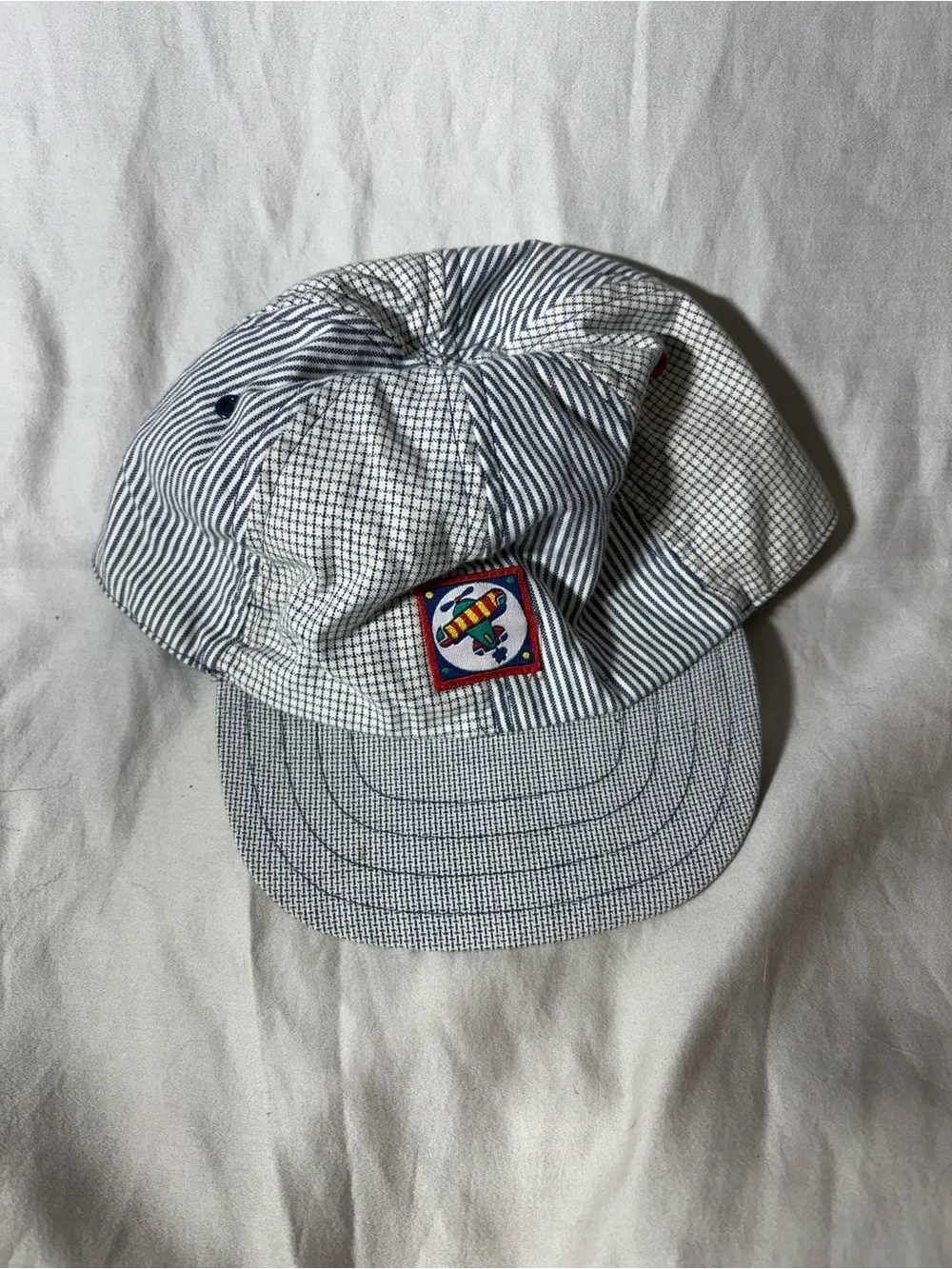 Vintage Gymboree White & Navy Striped Kids Cap with Airplane Patch